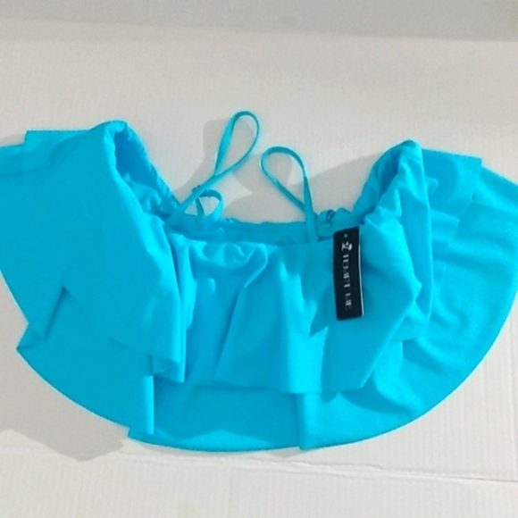 TEMPT ME TURQUOISE BLUE TIERED RUFFLE FLOUNCE BIKINI TOP SIZE SMALL NWT - Picture 5 of 11